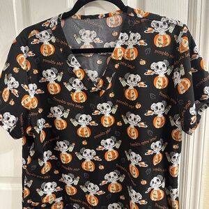 Halloween Themed Scrub Top with Dogs and Pumpkins Size Large
